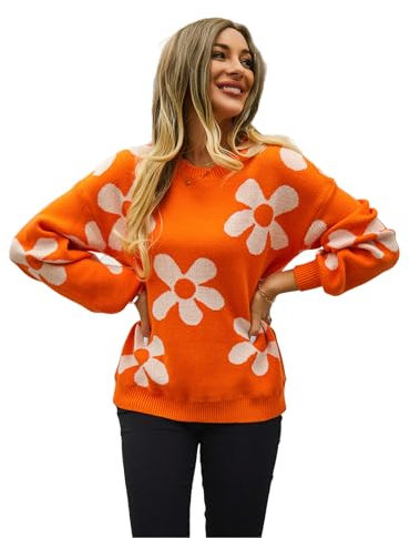 HEYPORK Damen Herbst Winter Warm Bequem Pullover Casual Mode Strickjacke Strickpullover Frauen Bedruckte Pullover Blume Pullover(Orange, XL)