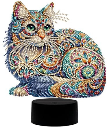 Demiawaking Diamond Painting Nachtlicht Tischdeko Tiere, Diamant Malerei Nachttischlampe Tischlampe LED Deko Set, DIY 5D Diamant Painting Lampe für Geburtstag Geschenke (Katze)