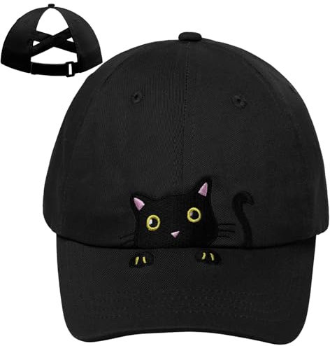 Baseballkappe für Kinder, Mädchen, niedliche Katze, bestickt, für Kleinkinder, verstellbarer Pferdeschwanz-Hut für Katzenliebhaber, Geschenke, 3–8 Jahre, einfarbig, Schwarz