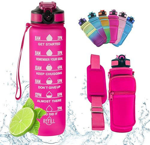 Botella de Agua Gimnasio, Botella de Agua 1L Con Pajita, Botella de Agua Deportiva Con Funda, Sin BPA, Botella de Agua Para Deporte, Botella de Agua Motivacional, Botella Agua Medidas Motivadoras.