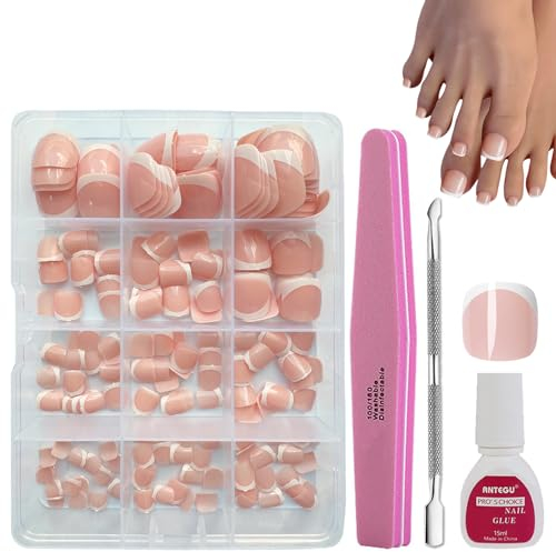 DMQ Press on Nails for Toe, 240Pcs Square False Toenails, French Tip Nude Pink Color Fake Nail with Glue, Glossy Full Cover Glue on Nails for Girls Women Nail Art Manicure Decorations