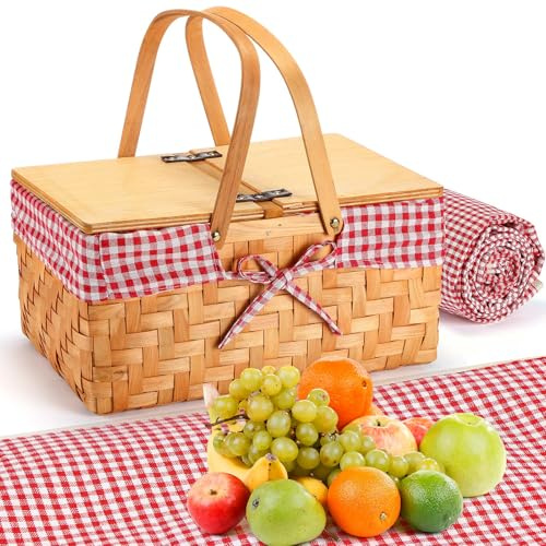 Blushtier Panier de pique-nique avec couvertures, panier en copeaux de bois naturel tissé à la main avec poignée et tapis de pique-nique extra large pliable et imperméable pour camping, plage, herbe
