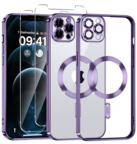 Phoona Cover Placcatura per iPhone 12 Pro Max 6,7 Pollici, Obiettivo per Fotocamera Protezione Completa e 2 × vetro temperato, Compatibile con MagSafe Ricarica Wireless, Protezione Militare, Viola