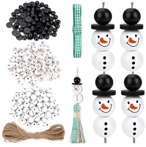 LMOOON 200er Schneemann Holzperlen für Weihnachten Mit 10m Hanfseil Für 50 Sets Schneemänner, Schneemann Weihnachtsperlen für DIY-Basteleien, Weihnachten, Halloween, Winter-Dekorationen
