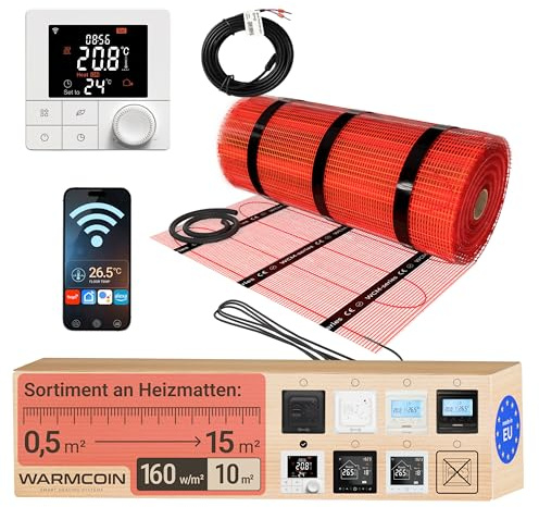 Elektrische Fußbodenheizung Heizmatten-Set mit WLAN-Thermostat 10 m² | Digitales Raumthermostat per App, Drehrad; Elektro-Flächenheizung 160 W/m², selbstklebend, Bodenfühler; für Fliesen