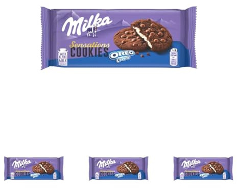 Milka, Cookie Sensations Oreo, Biscotto al Cacao con Goloso Ripieno di Crema Oreo e Pepite di Cioccolato al Latte, con Latte Alpino, Cacao Sostenibile, 156g (6 biscotti da 26g) (Confezione da 4)