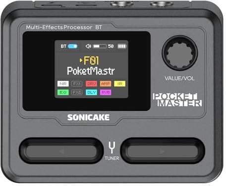 SONICAKE Pocket Master Guitar Bass Amp Modeling IR Cabinets Simulation Multi-Effects with Stereo OTG USB Audio Interface BT Audio 1.77 LCD Color Screen Black