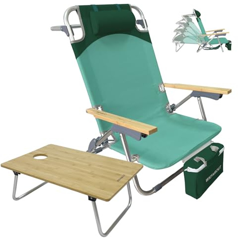 WKFAMOUT Rucksack Strandstuhl Klappbar mit Klapptisch Bambus 5 Positionen Niedrig Faltbar Campingstuhl Klappstuhl Reise mit Verstellbarer Rückenlehne Kühltasche Nackenkissen für Strand Grün