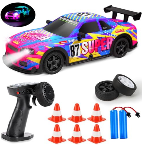 BuzzoXerex Coche RC Drift, 1:22 Mini Drift RC Car, 4WD 15km/h Coche Gasolina, Coche Teledirigido Drift con Kit Barricada y Luces LED de Colores, Juguete para Niños Mayores de 8 Años (Colorido)