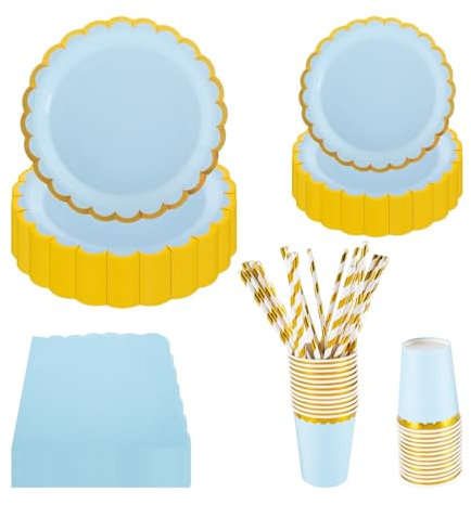PHUNAT Juego de vajilla azul para 25 invitados – 125 platos de papel de aluminio dorado con forma de flor, tazas, servilletas y pajitas – Suministros de fiesta azules para cumpleaños, picnic, boda