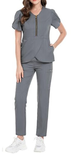 Arzt kittel Mann, Berufsbekleidung Damen Arzt V-Ausschnitt Oberteil mit Hose Uniform Baumwolle Bequem Scrubs Medizinische Ärztin Nurse Kasack Schutzanzug Große Größen Set Kostüm, Grau