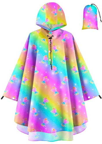OlyPegic Kids Rain Poncho with Hooded Reusable Waterproof Lightweight Ponchos Kids Boy Girl Raincoat Outwear