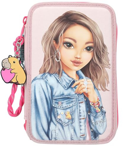 Depesche 13340 TOPModel Capybara - Gefüllte 3-Fach Federtasche in Creme und Rosa, mit Model Motiv, Äffchen und Buntem Muster, Federmappe mit Buntstiften, Schere, Lineal UVM.