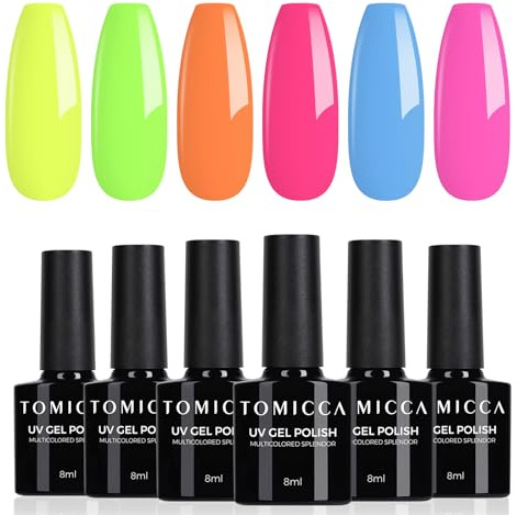 TOMICCA UV Nagellack Neon Set 6 Farben Leuchtendes Nagellack 8ml | Orange Blau Gelb Neon Natur Gellack Soak-Off UV LED Manicure Gel Lacquer Varnish für Nagelstudio DIY Home