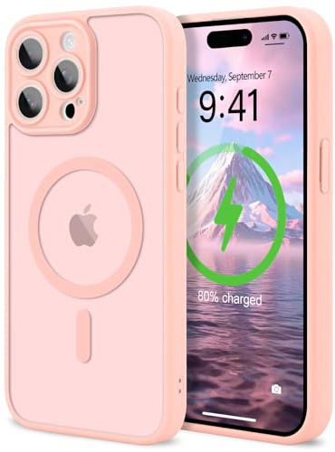 LAPOPNUT Magnetic Case for iPhone 15 Pro Max, Camera Protection, Pink | Compatible with MagSafe, Translucent Matte, Hard Back Cover, Soft TPU Bumper, Slim Shockproof Phone Case，Military Grade