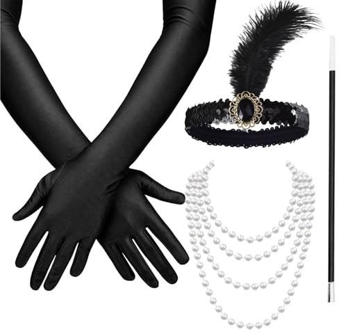 TK Gruppe Timo Klingler 20er Set Damen Kostüm - 1920er Jahre Charleston Accessories Great Gatsby mit Handschuhe, Halskette, Stirnband schwarz Fasching & Karneval