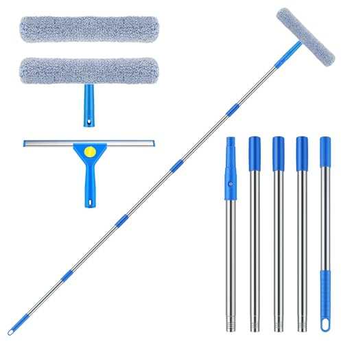 Abzieher Dusche & Fensterputzer Set mit Teleskopstange 2 m, Fensterabzieher mit 2 Einwaschern, Profi Fensterwischer für Fenster putzen, Glas und Fliesen