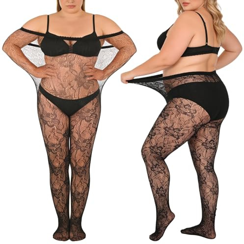 Lusofie 2 medias de encaje de talla grande con patrón floral, cintura alta, medias negras de talla grande para mujer, cómodas medias de red de terciopelo de hasta 230 libras