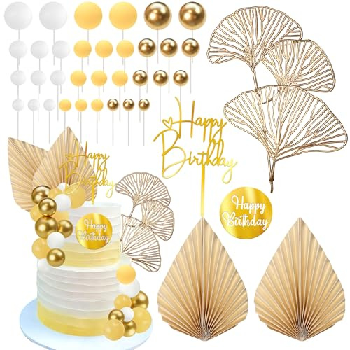 SYKYCTCY 25 Pack Happy Birthday Cake Topper White Gold Balls Birthday Cake Decorations Paper Palm Fan for Wedding Anniversary Birthday Boho Themed Party Supplies