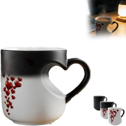 Heart-Shaped Color Changing Magic Sublimation Ceramic Coffee Mug,Heat Sensitive Magic Changing Travel Mugs for Hot Drinks with Red Heart Design,Valentine Hearts Shaped Handle Coffee Cup (Black)