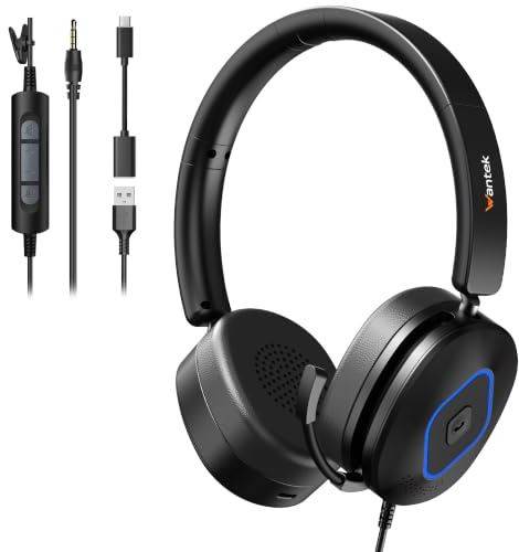 Wantek USB Headset with Noise Cancelling Microphone for Laptop PC | Computer Headphones with USB-A Cable/USB-C Adapter & 3.5MM Plug,In-Line Volume Control,Mute Button for Teams Zoom,Home Office