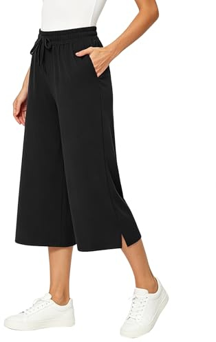Neteson Pantalones Deportivos Mujer 3/4 Pantalón Capri Ancho Mujer Verano | Cintura Alta Pantalones Elástica con Bolsillos para Yoga Running Casual
