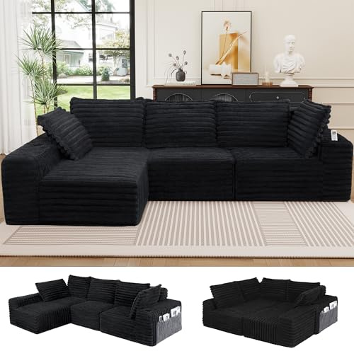 yeshine Sofa mit Schlaffunktion 280cm Breit L-förm Ecksofa mit Corduroy Fabric Modulares Cloud-Sofa mit 5 Kissen Boneless Couch mit USB-Ladeanschluss Schlafsofa für Schlafzimmer, Wohnzimmer (Schwarz)
