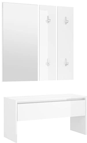 Mhdvray Ensemble de Meubles de Couloir 4 Pièces avec Banc à Chaussures Miroir et Porte-Manteaux Muraux en Bois d'Ingénierie Blanc Brillant Design Moderne pour Entrée 80x30,5x40 cm