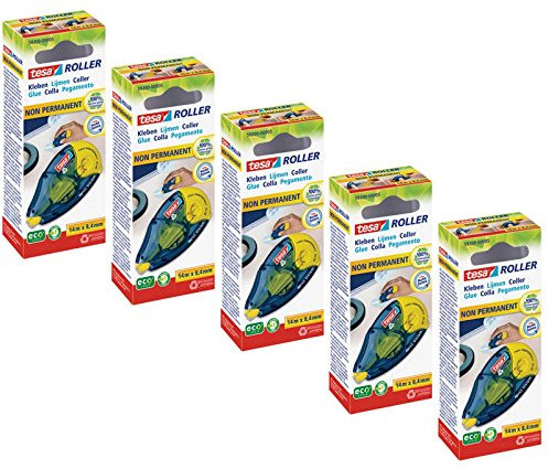 Tesa 59200-00005 Ecologo Roller de colle repositionnable rechargeable recyclé, 14m x 8,4mm, Lot de 5