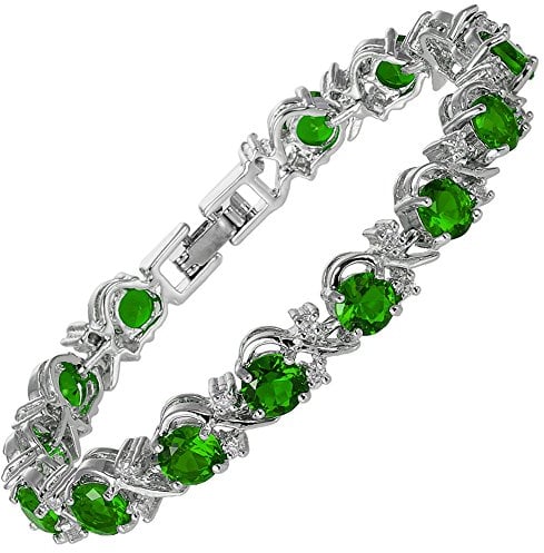 RIVA Blume Tennis Armband [18cm/7inch] mit Rundschliff Edelstein Zirkonia CZ [Grün Smaragd] in 18K WeiÃŸgold Vergoldet, Einfache Moderne Eleganz