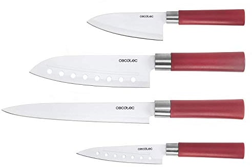 Cecotec Juego de 4 Cuchillos Profesionales de Estilo japonés Sanyoku. Filo de grosor de 2mm, Cuchillo de trinchar, Cuchillo Chef, Cuchillo multiusos, Cuchillo picador, Presentación en Estuche (Rojo)