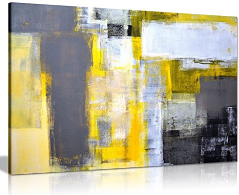 Tableau de peinture artistique gris et jaune, pour le bureau - Art abstrait, peinture sur toile - Imprimé, gris/jaune, A0 91x61cm (36x24in)