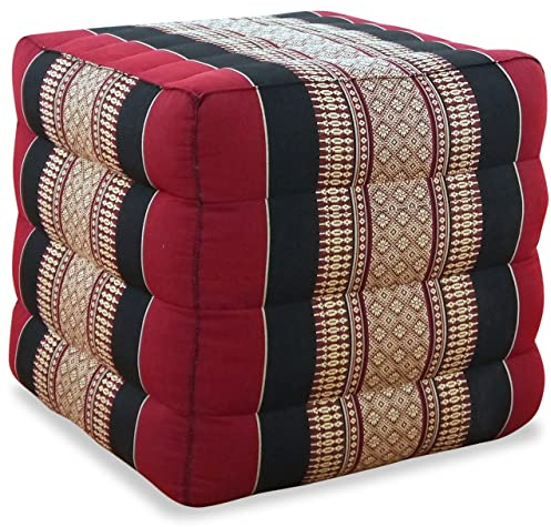 livasia Würfelkissen quadratisch - 40x40x40cm - Sitzhocker mit organischem Kapok, Sitzpouf, Lagerungswürfel viereckig, Bodenkissen Hocker Fußbank Fußhocker handgefertigt (Rot/Schwarz)
