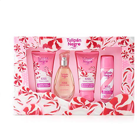 Tulipán Negro - Fresa y Nata, Estuche de Regalo Unisex, Colonia 50 ml + Loción Corporal 75 ml + Gel de Baño 75 ml + Desodorante Spray 50 ml, Aroma Dulce de Larga Duración