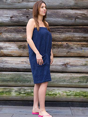 S< Saunakilt Damen Bestickt mit Name, Saunatuch mit Elastik und Klettverschluss - One Size Saunatuch für Dame (Dunkelblau)