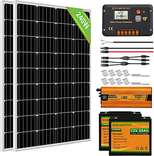 ECO-WORTHY 1kW·h Kit Panneau Solaire Complet 240W 12V Système Hors Réseau pour RV/Bateau: 2 Panneaux Solaires 120W + 20A Contrôleur + 2 Batteries au Lithium 20Ah + 600W Onduleur Solaire