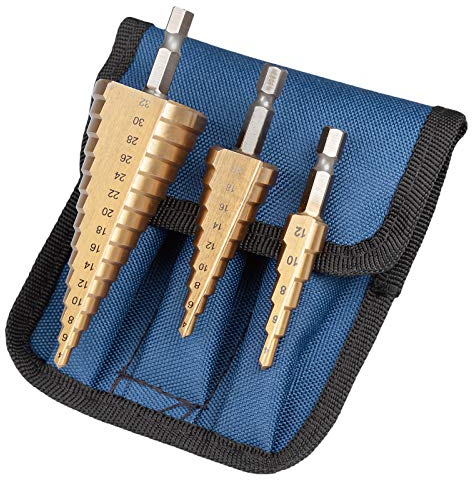 UK Drills HSS - Juego de brocas escalonadas con revestimiento de titanio, 3 piezas, 4-32 mm, para taladrar en metal duro, acero inoxidable, hierro fundido