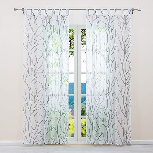 ESLIR Gardinen mit Schlaufen Vorhänge Fensterschal Transparent Schlaufenschal mit Zweige Muster Voile Weiß-Grau BxH BxH 140x225cm1 Stück