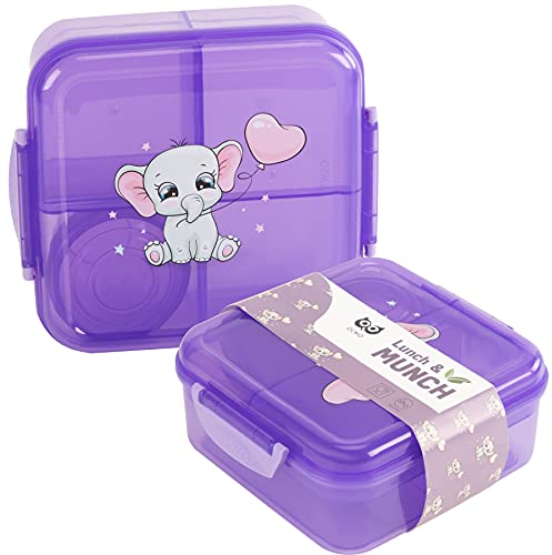 OLWO® Premium Lunchbox-Bentobox für Kinder und Erwachsenen, Bentobox-Lunchbox mit Joghurt-Dose, 1250 ml große Brotdose für Kindergarten und Schule mit Unterteilung Kinder Baby Elefant,(Violett)