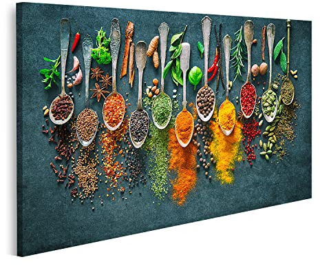 islandburner Wandbild Bunte Verschiedene Kräuter Gewürze Kochen Dunkler Hintergrund Küchenbild auf Leinwand Bilder Bild Poster