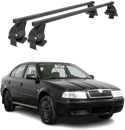OMAC Dachträger Querträger Stahl für Skoda Octavia II 2004-2008 4Tür Pre-FL – Abschließbar – City-Crash-getestet – DIN 75302:2019 – ISO/PAS 11154:2006 – Max. 50 kg Schwarz