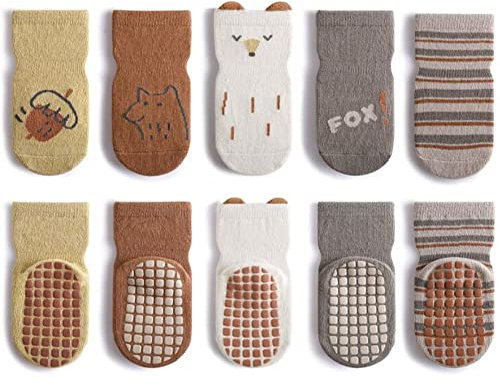 FedMois 5er Pack Baby Kleinkinder ABS rutschfeste Socken Sneaker Socken Tiermotive Baumwolle, Fuchs, 1-3 Jahre