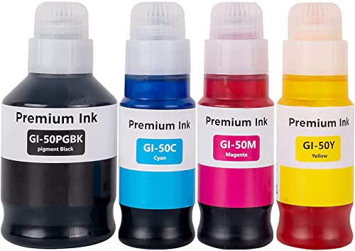 SHUOLEI GI-50 GI50 GI-51 GI51 Tinte Kompatibel mit Canon Pixma Tintenpatrone GI 51 50 Multipack kompatibel für Pixma G1520 G1560 G2520 G2560 G3520 G3560 G1530 G2570 G5050 G6050 G7050(4 Pack BK/C/M/Y)