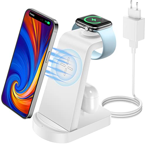 bakibo 3 in 1 Wireless Charging Station, Wireless Charger for iPhone 15/14/13/12/11/Plus/Pro/Max, Wireless Charging Stand Dock for Apple Watch 9/8/Ultra/7/6/SE, AirPods 3/2/1/pro (with Adapter), White