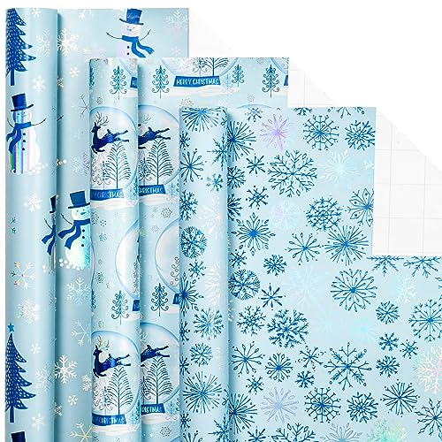 LeZakaa Blau Weihnachten Geschenkpapier - Mini Rolle mit Metallfolie - Schneemann/Kristallkugel/Schneeflocke für Geschenkverpackung, DIY Handwerk - 43,2 x 304,8 cm - 3 Rollen (42,5 sq.ft.ttl.)