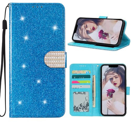 EuoDuo für Samsung Galaxy A10 Hülle mit Klappe Glitzer PU Leder Handyhülle Kartenfach Brieftasche Design Magnetisch Handytasche Schutzhülle Tasche Etui - Blau