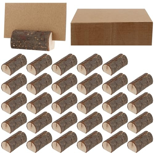 YUENPUN Rustikale Tischkartenhalter aus Holz, Tischkartenhalter aus Holz, Tischnummernhalter aus Holz mit 45 Papierkarten, Tischkartenhalter aus Holz für Memo, Notizen, Fotos, 30 Stück