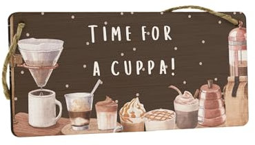 Plywood Hanging Sign - Full Colour Coffee Theme Design! A Perfect Novelty Idea for Home Decor, Idea for Her/Him, Coffee Lover. Features 'Time for a Cuppa'. (smlsgn-ds23-timecup)