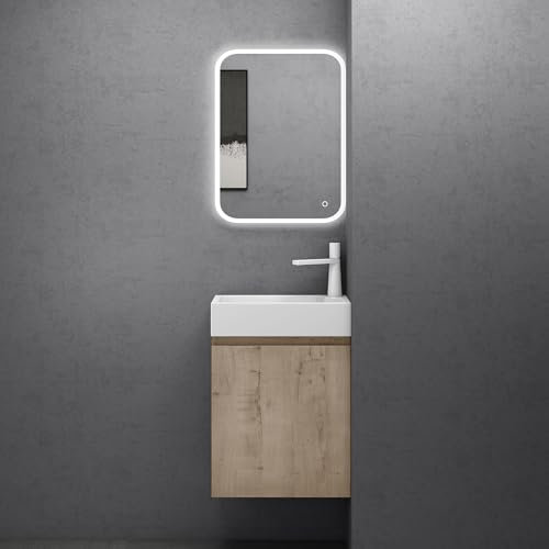 doporro Petit Meuble de Salle de Bain Suspendu 46cm Chêne Clair Ensemble de 3 Pièces Meuble avec Lavabo Solid Surface et LED Miroir Design Pisa02