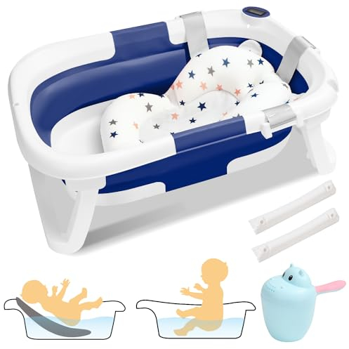 SWANEW Baby Badewanne Faltbar Babywanne Klappbare mit Einsatz Babybadewanne, mit Thermometer und Bath Mat, Baby-haarwaschbecher, Rutschfeste Baby Bathtub für Neugeborene 0-6 Jahre, Blau
